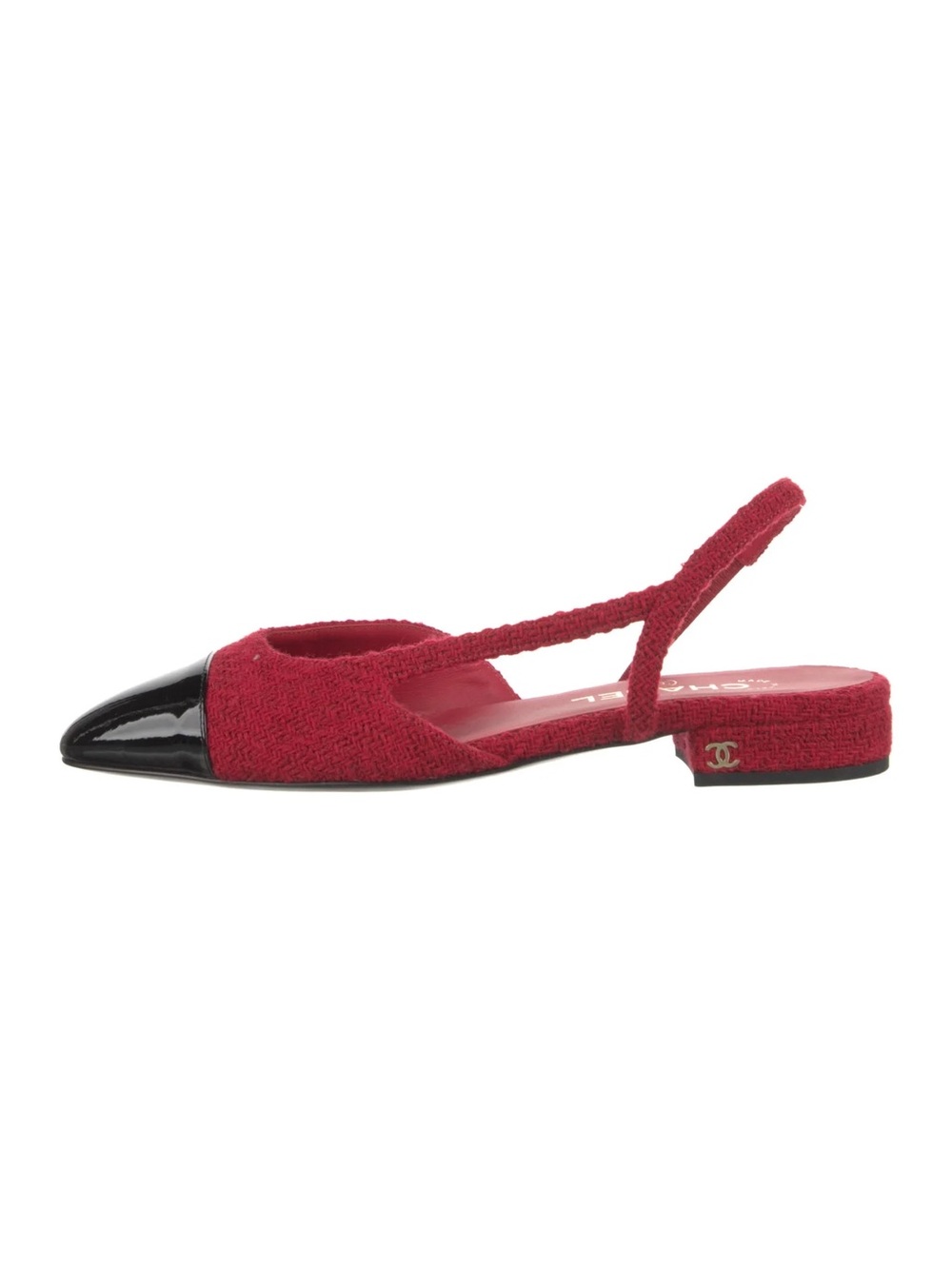 Chanel Red Tweed Slingback Flat with Interlocking CC Logo